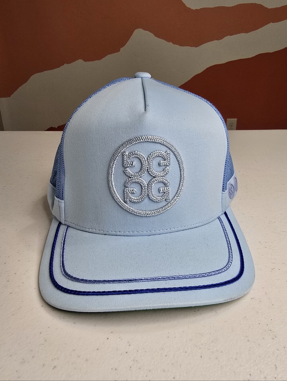G/FORE Men's Soutache Knit Interlock Tall Trucker Golf Hat Powder Blue NWT